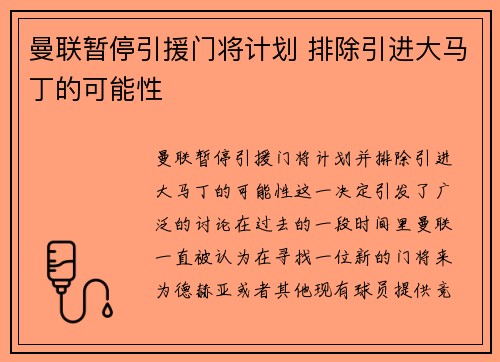 曼联暂停引援门将计划 排除引进大马丁的可能性